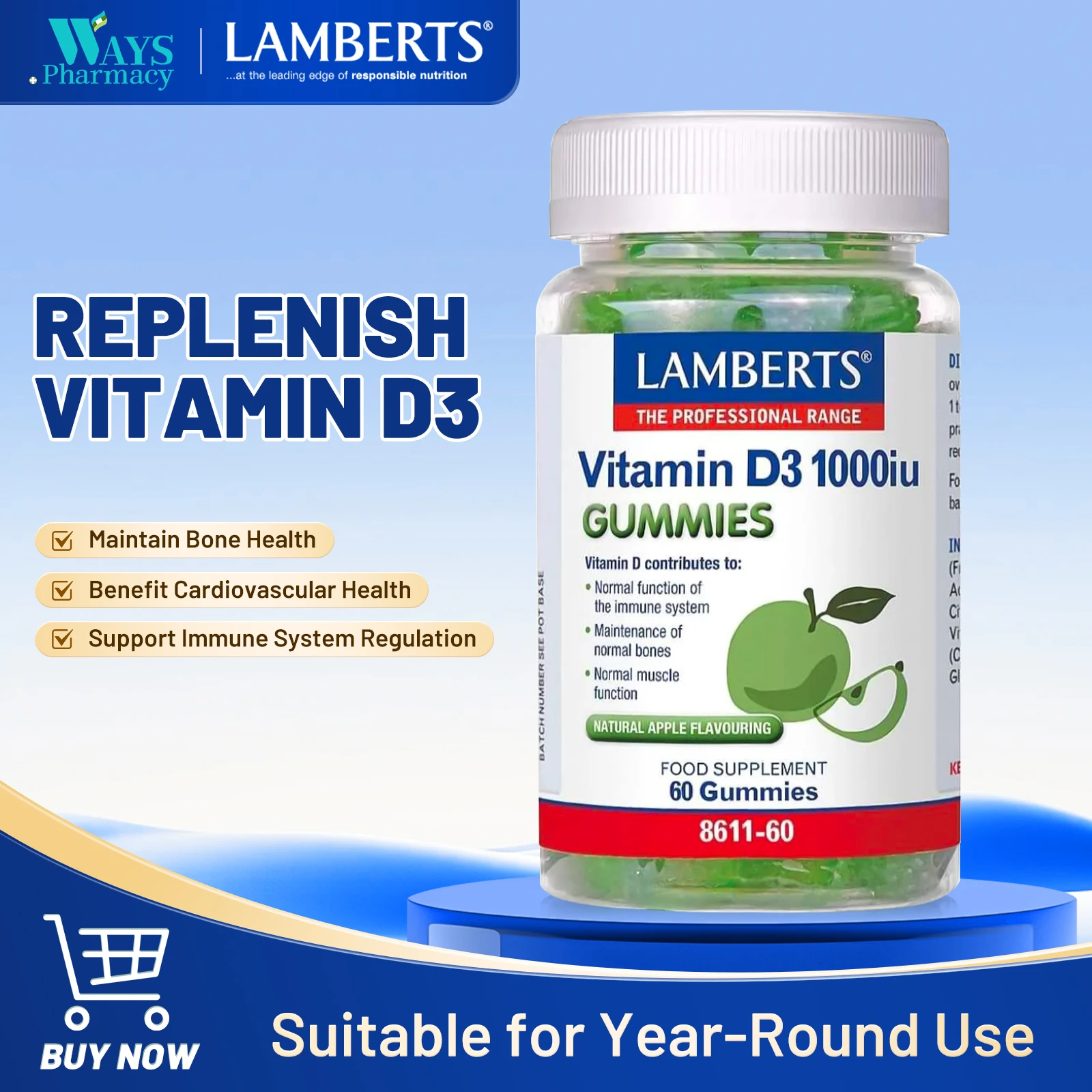 Lamberts Vitamin D3 1000iu Gummies – Suitable for Vegetarians – Immune & Bone Support – Sugar Free – 60 Gummies