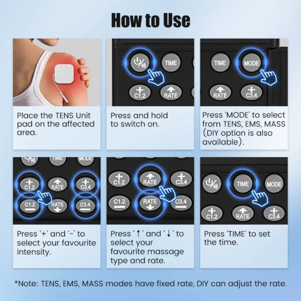 Digital TENS EMS Unit 4-Channel Tens Electrostimulator Rechargeable Muscle Stimulator with 20 Intensity Levels for Pain Relief