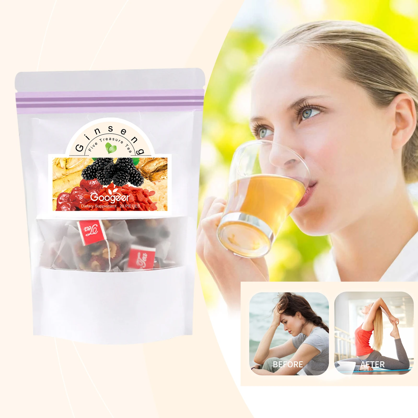 Ginseng Five Treasure Tea Natural Energy Boost Immune Support Herbal Wellness Traditional Organic Blend Tea Daily Vitality