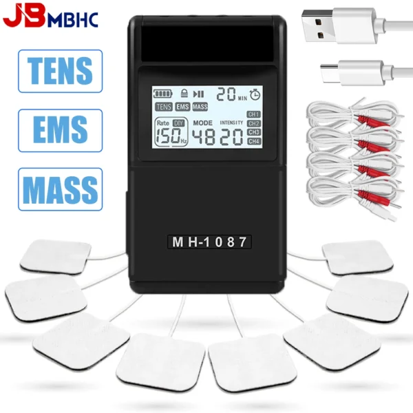 Digital TENS EMS Unit 4-Channel Tens Electrostimulator Rechargeable Muscle Stimulator with 20 Intensity Levels for Pain Relief