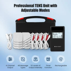 Digital TENS EMS Unit 4-Channel Tens Electrostimulator Rechargeable Muscle Stimulator with 20 Intensity Levels for Pain Relief