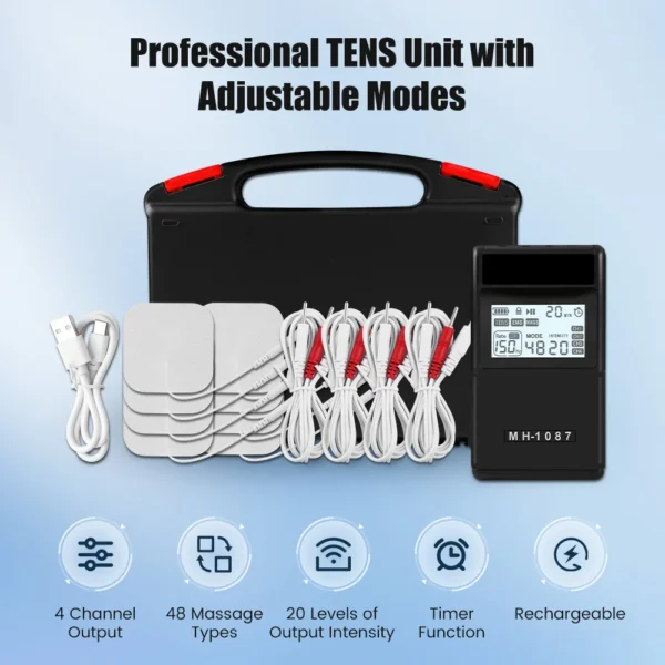 Digital TENS EMS Unit 4-Channel Tens Electrostimulator Rechargeable Muscle Stimulator with 20 Intensity Levels for Pain Relief