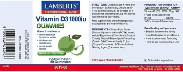 Lamberts Vitamin D3 1000iu Gummies - Suitable for Vegetarians - Immune & Bone Support - Sugar Free - 60 Gummies